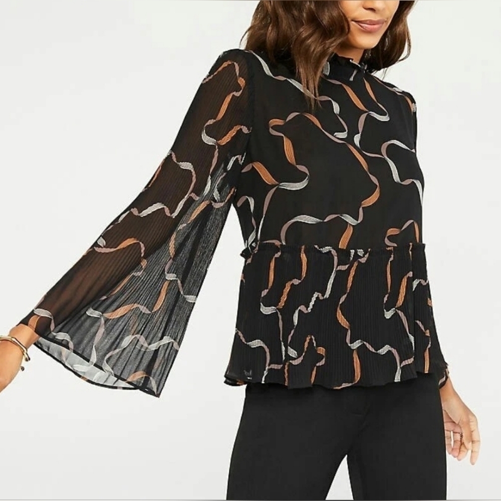 Ann Taylor Petite XXS Black Ribbon Print Pleated Peplum Bell Sleeve Blouse